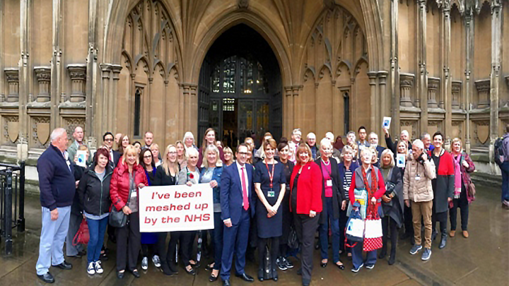 Kath Sansom with fellow Sling The Mesh members outside House of Commons in London on October 18, photo credit Harry Rutter