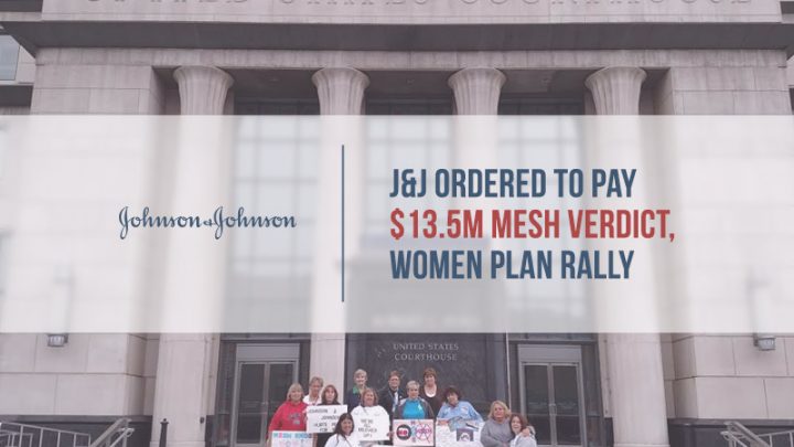 Women in front of courthouse hold Mesh awareness signs