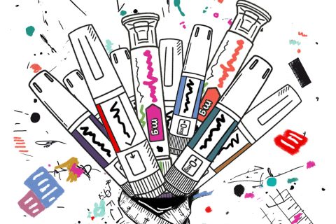 Sketch image of various medicines tied with a measuring tape.