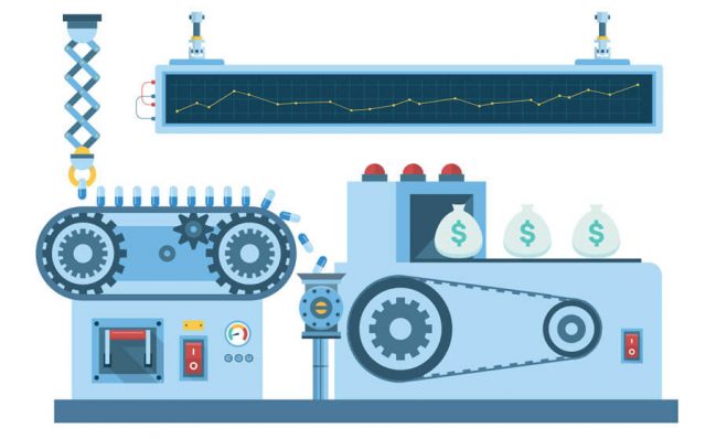 illustration of a production line producing pills and pumping in money bags