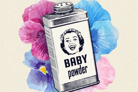 Illustration of baby powder container surrounded by vintage flowers