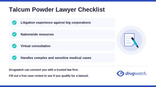A checklist infographic that highlights what to look for in a talc lawyer, including experience litigating against large corporations, nationwide resources and virtual consultations.