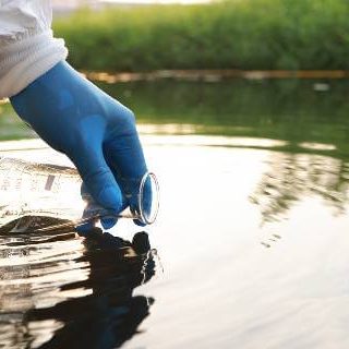 Gloved hand gathering water in beaker