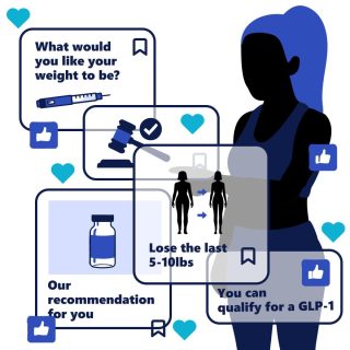 Illustration of a person with weight-loss app prompts, showing goals, recommendations, and eligibility for GLP-1 treatment.