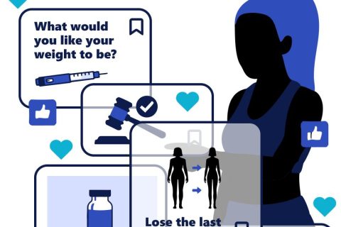 Illustration of a person with weight-loss app prompts, showing goals, recommendations, and eligibility for GLP-1 treatment.
