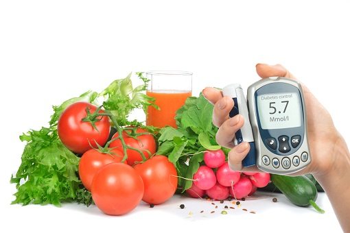 Diabetes food_sm Vegetables and blood sugar monitor