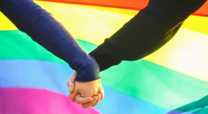 Couple holding hands in front of the Pride flag