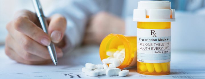 Prescription pills on table